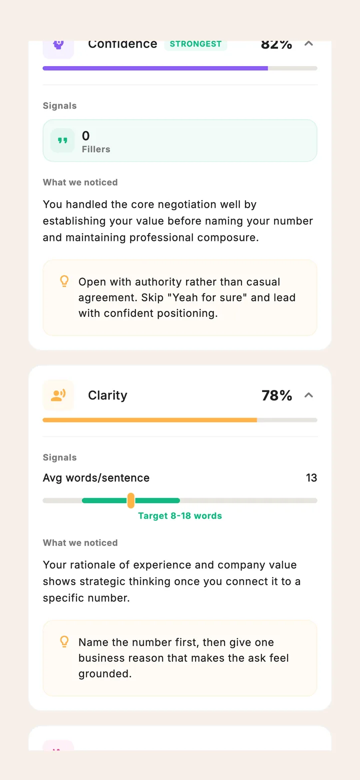 Articulated feedback screen with observations and a focused coaching tip
