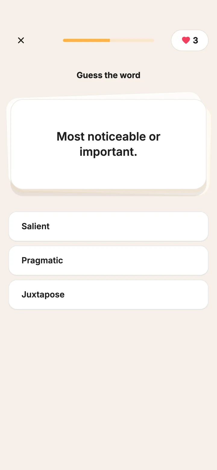 Articulated vocabulary practice screen with a short word-recall quiz
